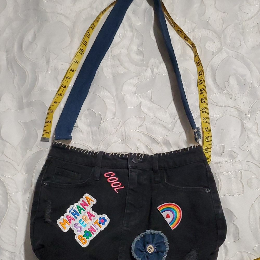 Black Denim Bag with Colorful Patches